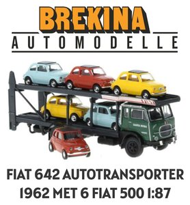 BREKINA | FIAT 642 AUTOTRANSPORTER 1962 MET 6X FIAT 500 | 1:87